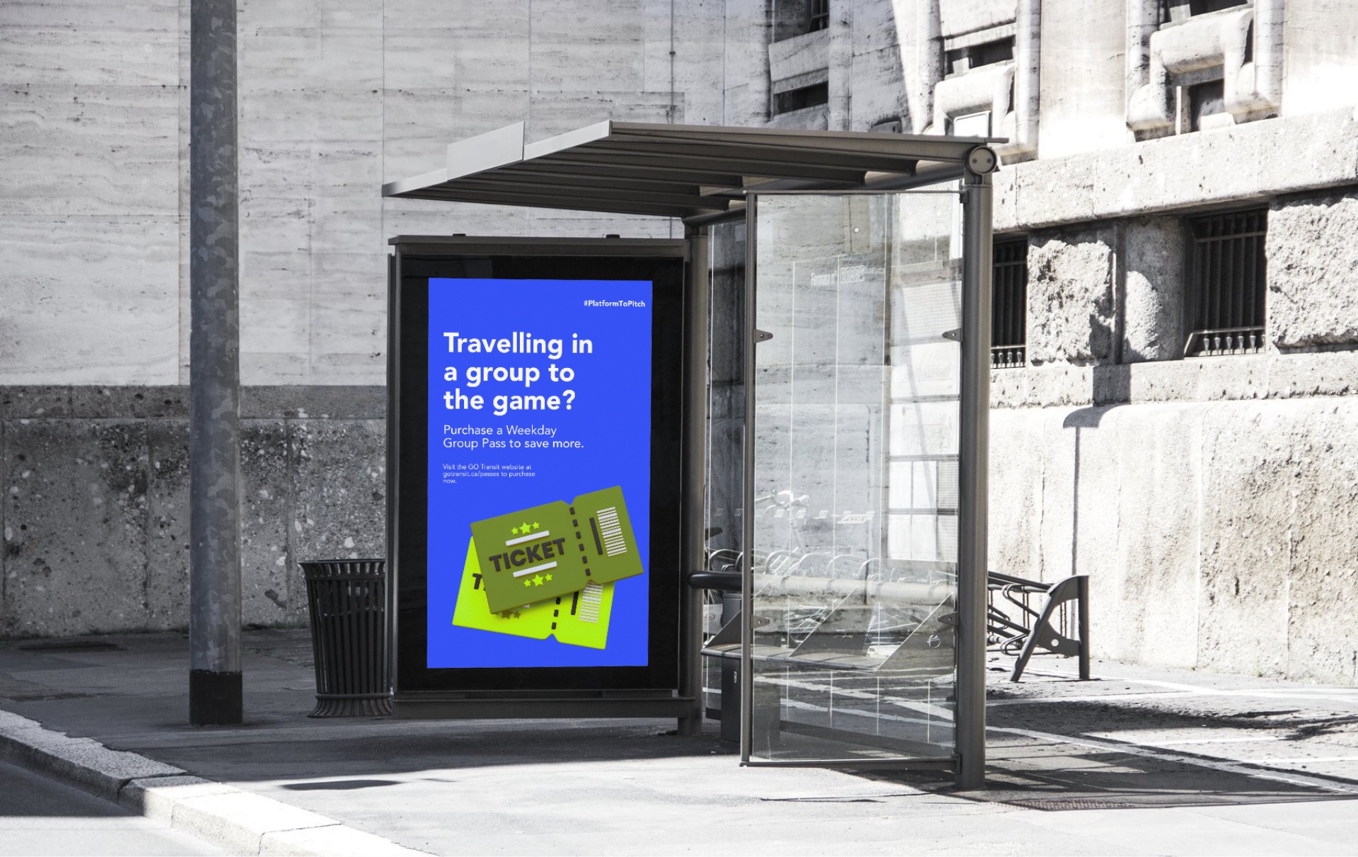 #PlatformToPitch bus shelter ad — Travelling in a group to the game