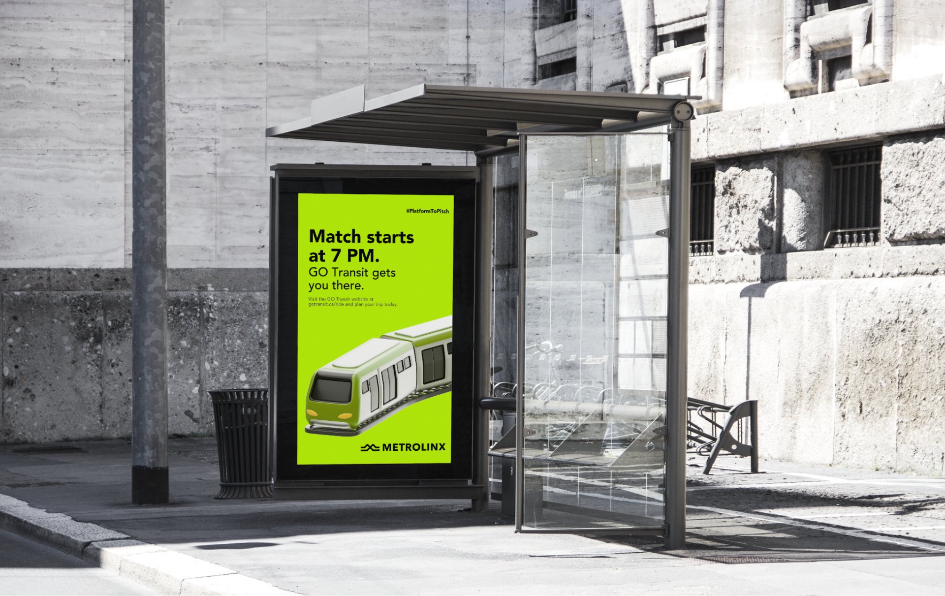 #PlatformToPitch bus shelter ad — Match starts at 7 PM